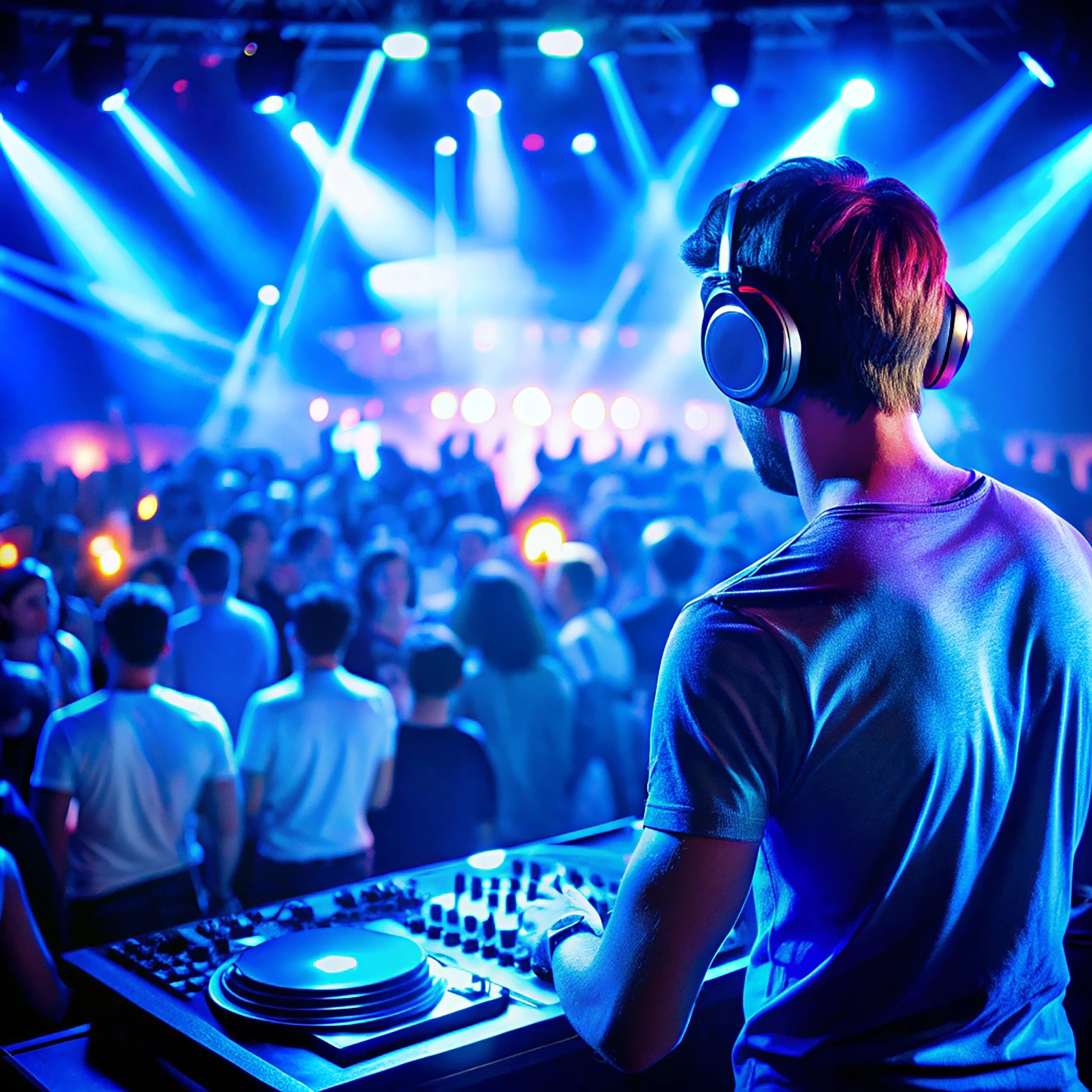 DJ Wearing Headphones at a Nightclub Party Under Blue Lights, Su